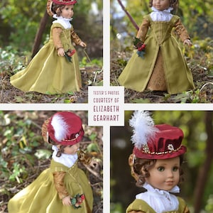 May include: A doll wearing a Renaissance-style costume. The doll has a burgundy hat with a white feather, a gold and olive green dress, and a white ruffled collar. The text "TESTER'S PHOTOS COURTESY OF ELIZABETH GEARHART" is visible.