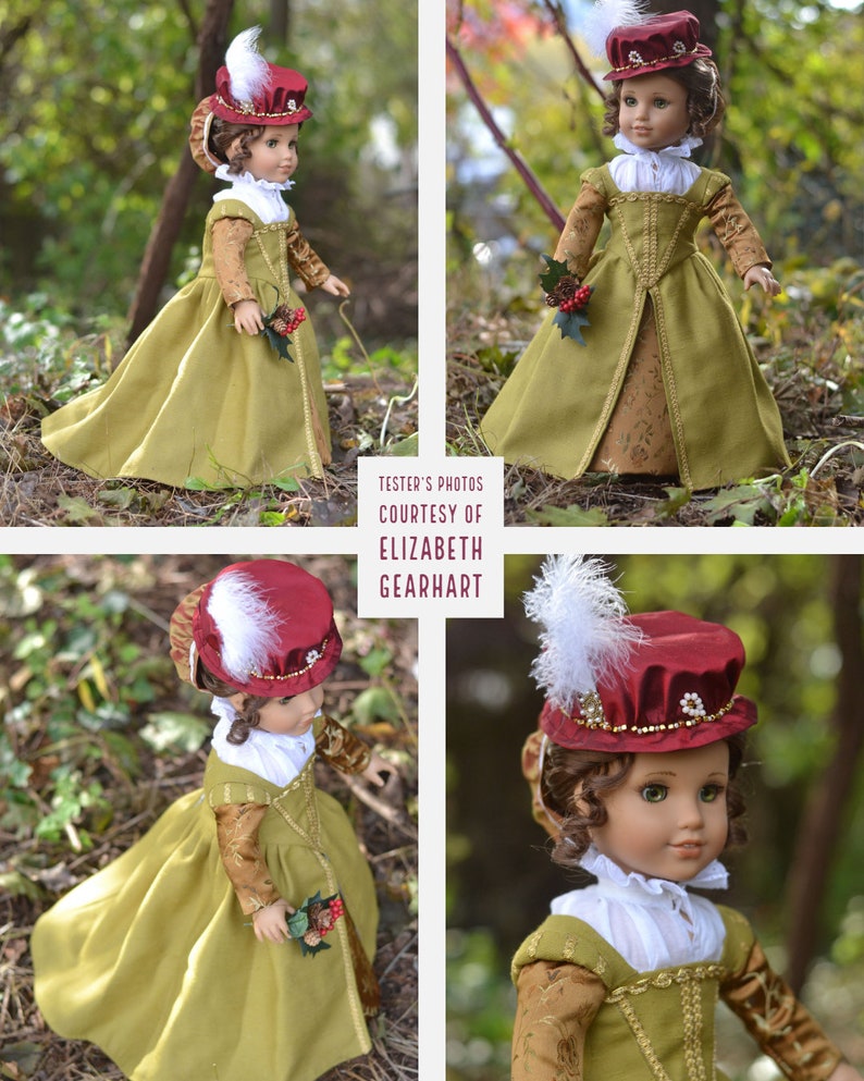 May include: A doll wearing a Renaissance-style costume. The doll has a burgundy hat with a white feather, a gold and olive green dress, and a white ruffled collar. The text "TESTER'S PHOTOS COURTESY OF ELIZABETH GEARHART" is visible.