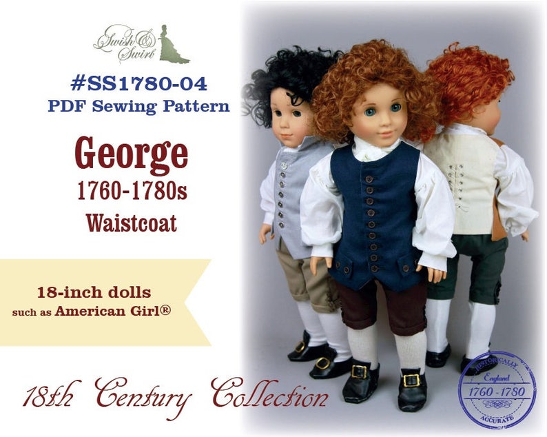 K&ouml;nnte beinhalten: Ein PDF-Schnittmuster f&uuml;r eine Weste f&uuml;r 45 cm gro&szlig;e Puppen, wie z. B. American Girl Puppen. Das Schnittmuster tr&auml;gt den Titel "George 1760-1780s Waistcoat" und ist Teil der "18th Century Collection". Das Bild zeigt drei Puppen, die verschiedene Versionen der Weste tragen.