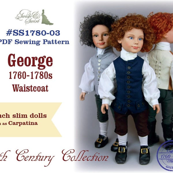 PDF Pattern #SS1780-03. George 1760-1780s Waistcoat for slim 18-inch Carpatina boy dolls