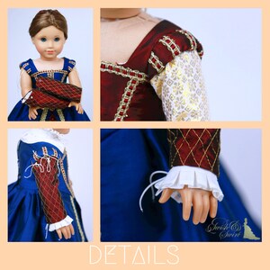 May include: A doll wearing a Renaissance-style dress. The dress is primarily blue with red and gold accents. The sleeves are detailed with a diamond pattern and white cuffs. The bodice features gold trim and a high neckline.