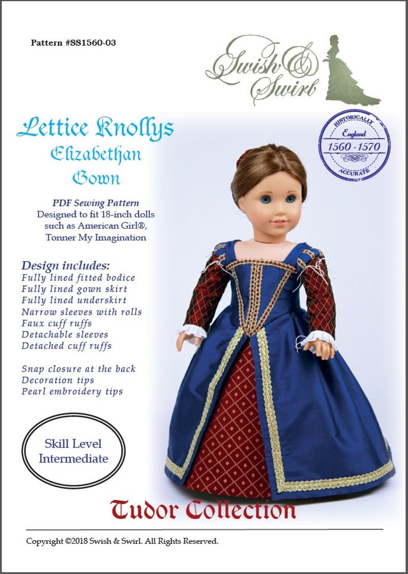 May include: A doll wearing a blue and red Elizabethan gown. The gown features gold trim, a fitted bodice, and a full skirt. The pattern is designed for 18-inch dolls, such as American Girl. The skill level is intermediate.