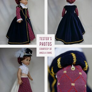 May include: A doll wearing a historical costume. The outfit includes a navy blue velvet gown with gold trim, a burgundy bodice, and a matching hat with white feathers. The text "TESTER'S PHOTOS COURTESY OF ANGELA EVANS" is visible.