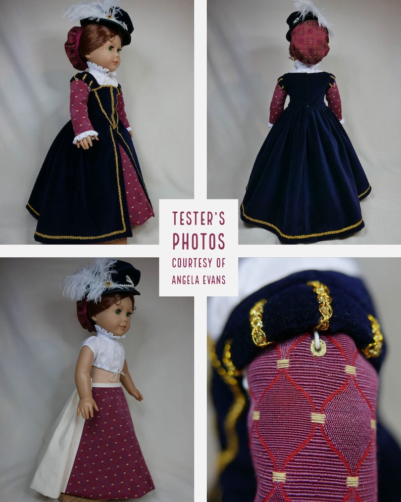 May include: A doll wearing a historical costume. The outfit includes a navy blue velvet gown with gold trim, a burgundy bodice, and a matching hat with white feathers. The text "TESTER'S PHOTOS COURTESY OF ANGELA EVANS" is visible.