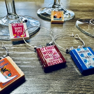 Book Club Book Cover Wine Charms - Your Choice of Books, Sayings or Photos - Custom Reading Gifts  Wine Glass Markers, Bookmarks, Cup Charms