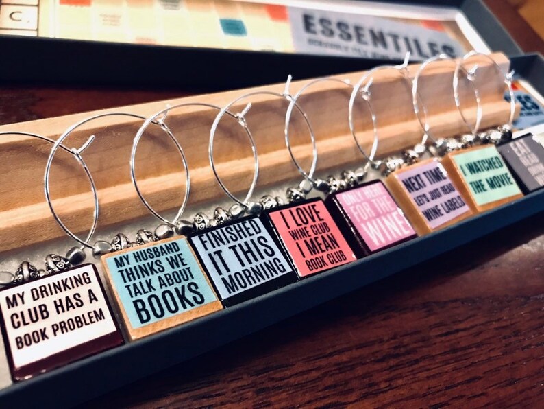 Book Club Funny Truths Custom Scrabble Tile Wine Glass Charms image 1
