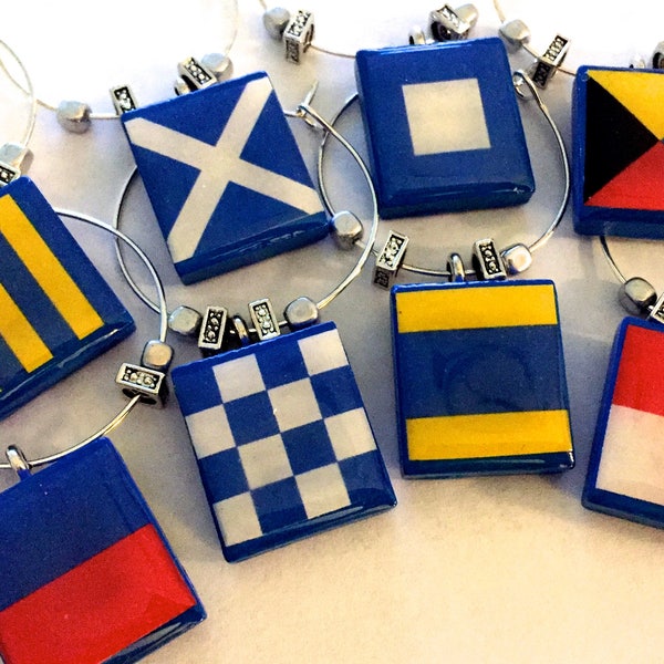 Boating Nautical Wine Charms - Custom Maritime Signal Flags - Scrabble Tiles