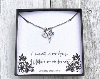 Personalized Memorial Angel Wing Birthstone Necklace | Pregnancy Infant Loss | Miscarriage Support | Dainty Memorial Gift - M4
