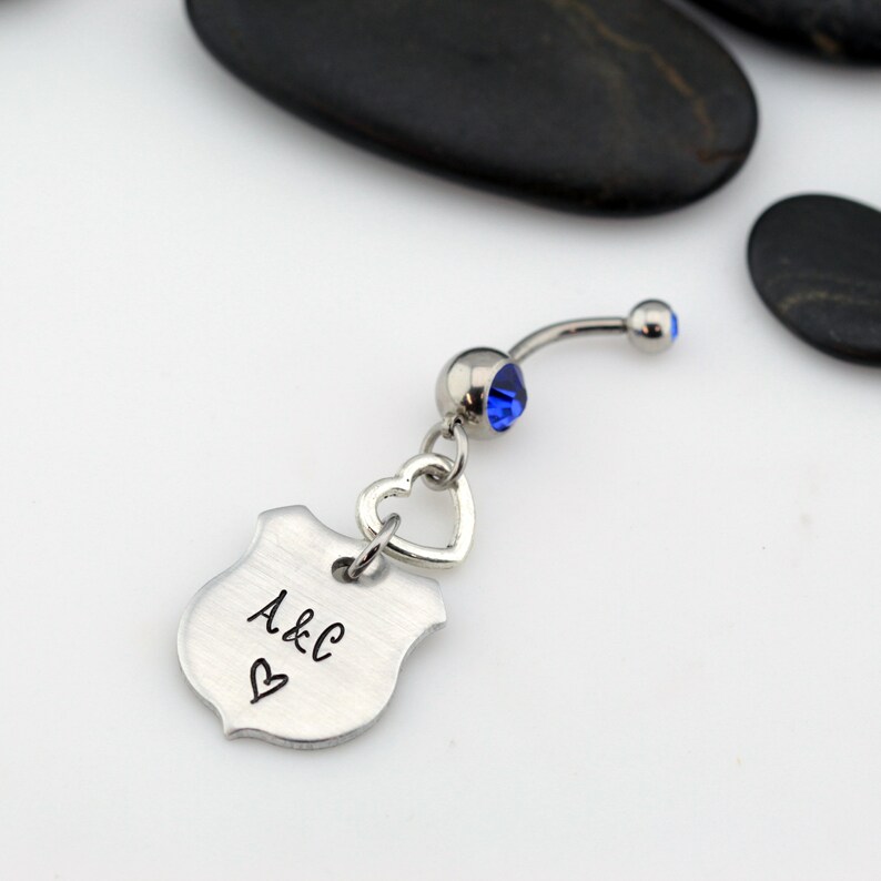LEO Police Officer Badge Personalized Couples Initials Belly Ring Custom Body Jewelry