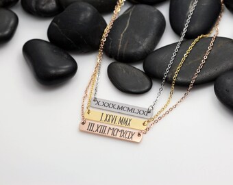 Personalized Roman Numerals Date Bar Necklace | Dainty | Minimalist | Engraved Jewelry