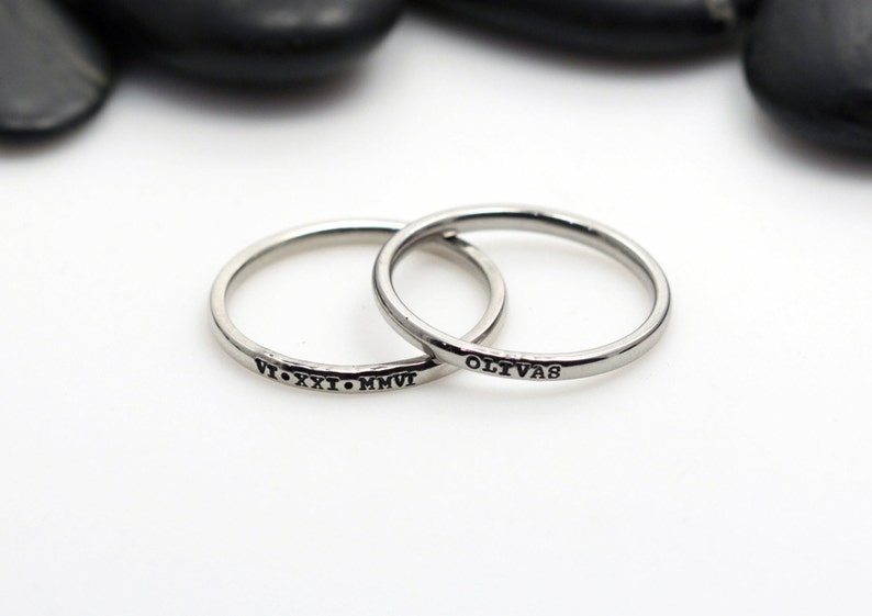 Hand-Stamped Dainty Stackable 2mm Stainless Steel Name Ring TYPEWRITER FONT image 1