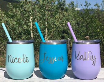 Custom Personalized Name | 12oz Stainless Steel | Stemless Wine Glass Tumbler | Cup - Multiple Fonts and Color Options