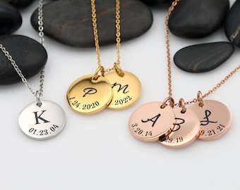 Personalized Name And Date Necklace | 1 2 3 Initial Necklace | Custom Date Jewelry | Gift Idea For Mom | Coin Necklace | Mothers Necklace