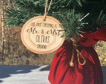 Our First Christmas As Mr. And Mrs. | Personalized Custom Anniversary Holiday Party Gift | Rustic Wood Slice Christmas Ornament