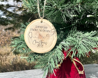 Friendship Knows No Distance | Rustic Wood Slice Christmas Ornament