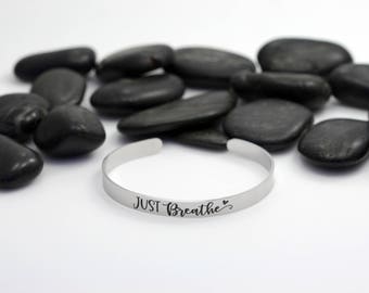 Just Breathe Motivational Statement Cuff Bracelet | Silver Toned Jewelry