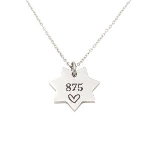 May include: A silver-colored necklace with a star-shaped pendant. The pendant has the number "875" and a heart symbol engraved on it. The necklace is on a white background.