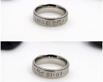 Hand Stamped 6mm *Matte Finish* Stainless Steel Angel Baby Name And Angelversary Memorial Ring
