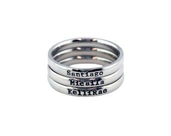 Hand-Stamped Dainty Stackable 3mm Stainless Steel Name Ring - SANTIAGO FONT