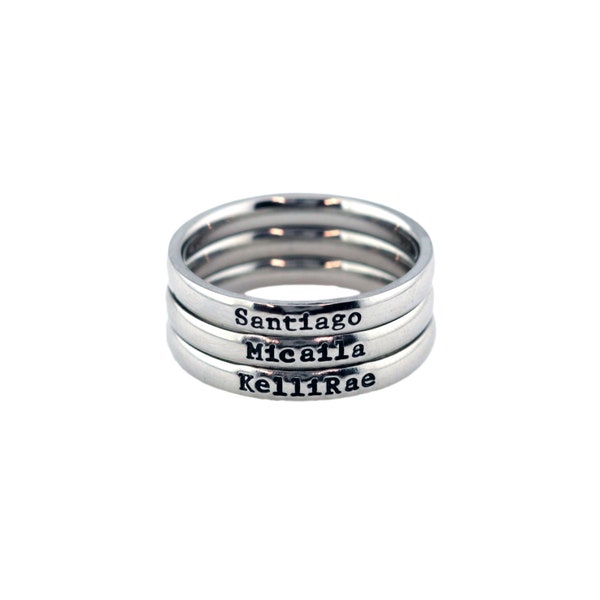 Hand-Stamped Dainty Stackable 3mm Stainless Steel Name Ring - SANTIAGO FONT