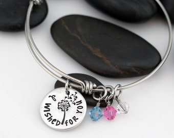 I Wished For You PERSONALIZED Birthstone Expandable Bangle Bracelet | Mom Charm Bracelet - Bangle for Moms - Grandma Bracelet