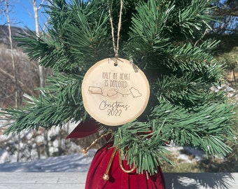 Half My Heart Is Deployed | Rustic Wood Slice Christmas Ornament