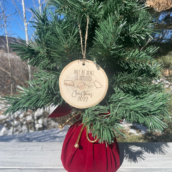 Half My Heart Is Deployed | Rustic Wood Slice Christmas Ornament