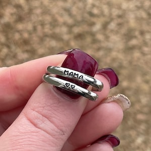 Hand-Stamped Dainty Stackable 3mm Stainless Steel MAMA With Hearts Name Ring Set Of 2 Rings