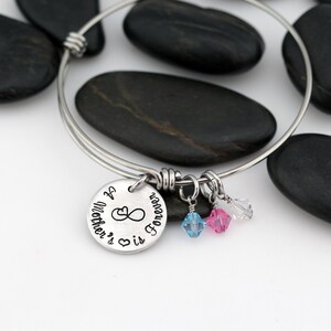 A Mother&#39;s Love Is Forever PERSONALIZED Birthstone Expandable Bangle Bracelet | Mom Charm Bracelet - Bangle for Moms - Grandma Bracelet