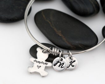 Mama Bear - Script - PERSONALIZED Initial Expandable Bangle Bracelet | Mom Charm Bracelet - Bangle for Moms - Grandma Bracelet