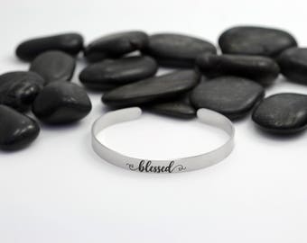 Blessed Motivational Statement Cuff Bracelet | Silver Toned Jewelry