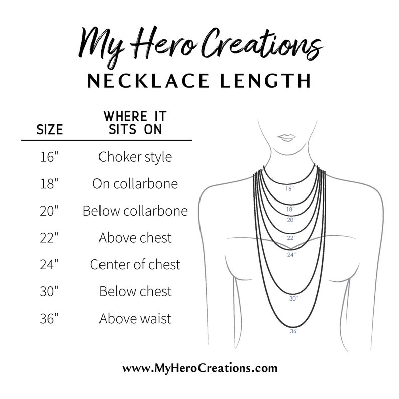 May include: A chart showing necklace lengths in inches and where they sit on the body. The chart shows lengths from 16 inches to 36 inches, with corresponding descriptions like "Choker style", "On collarbone", "Below collarbone", "Above chest", "Center of chest", "Below chest", and "Above waist".