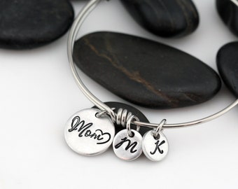 Mom PERSONALIZED Initial Expandable Bangle Bracelet | Mom Charm Bracelet - Bangle for Moms - Grandma Bracelet