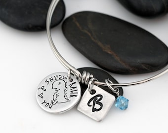 RAWR Means I Love You PERSONALIZED Birthstone Initial Expandable Bangle Bracelet | Mom Charm - Bangle for Moms-Grandma Bracelet