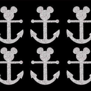 May include: Six silver glitter Mickey Mouse anchors on a black background. Each anchor has a Mickey Mouse head at the top.