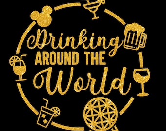 Disney Glitter Iron On Drinking Around The World T-Shirt Transfer Easy DIY Iron On Glitter Vinyl T-Shirt Sparkly Glitter Transfer