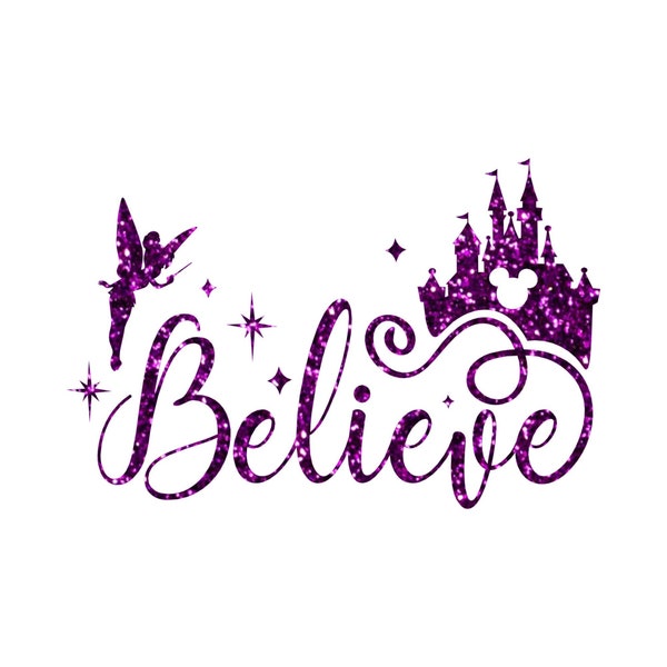 Disney Glitter Believe With Castle and Tink Iron On T-Shirt Transfer Easy DIY Iron On Glitter and Plain Vinyl T-Shirt Transfer