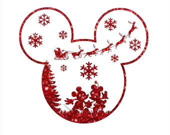 Puede incluir: Silueta roja de Mickey Mouse con purpurina con Papá Noel y renos volando en el aire, copos de nieve y Mickey y Minnie Mouse de pie frente a un árbol de Navidad.