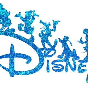 May include: Blue glitter silhouette of Mickey Mouse, Donald Duck, Goofy, Pluto, and Minnie Mouse standing on top of the Disney logo.