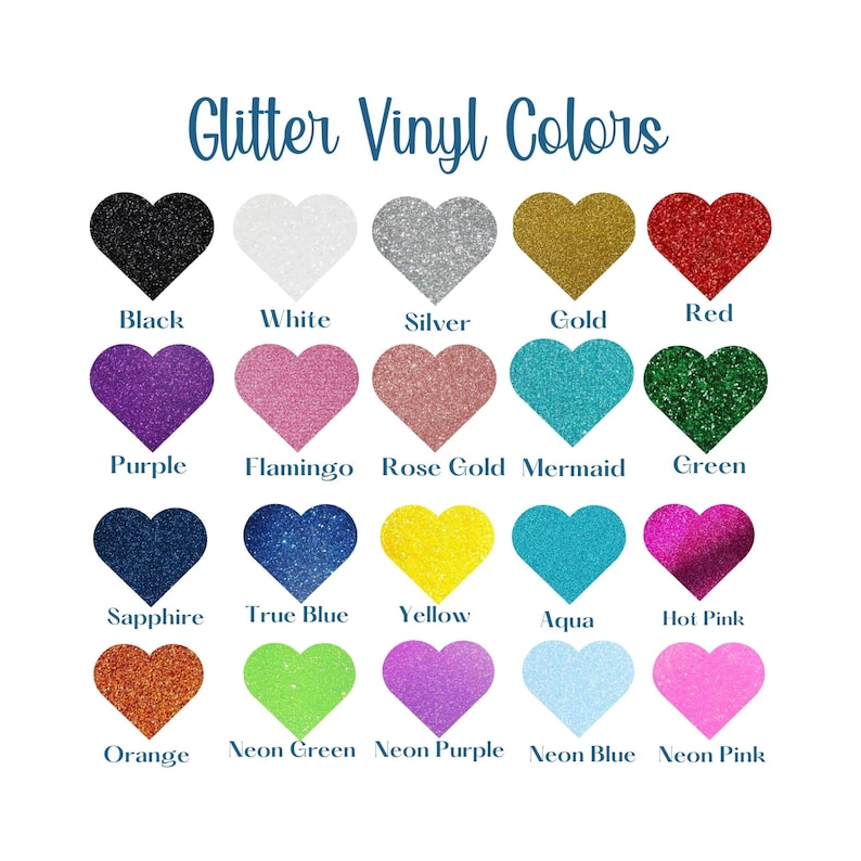 Peut inclure: Un tableau de couleurs de vinyle paillet&eacute; en forme de c&oelig;urs. Les couleurs incluent le noir, le blanc, l'argent, l'or, le rouge, le violet, le rose flamingo, l'or rose, la sir&egrave;ne, le vert, le saphir, le bleu vrai, le jaune, l'aqua, le rose chaud, l'orange, le vert n&eacute;on, le violet n&eacute;on, le bleu n&eacute;on et le rose n&eacute;on.