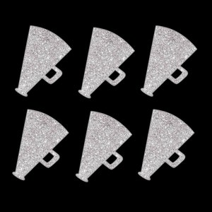 May include: Six silver glitter megaphones. The megaphones are arranged in two rows of three.