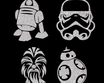 Four Pack of Small Star Wars Inspired Characters Iron On Disney Inspired Glitter Or Plain Vinyl Transfer Easy Fish Extender Transfers