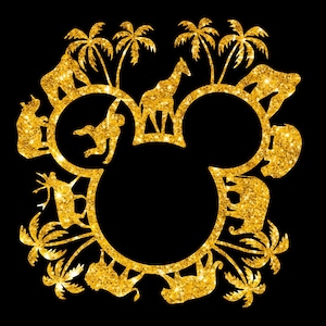 May include: A gold glitter silhouette of Mickey Mouse ears with various animals and palm trees inside the ears. The animals include a giraffe, deer, elephant, and monkey.