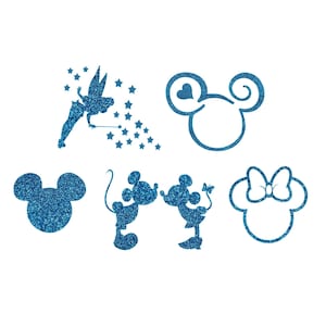 Five Pack of Small Mickey&#39;s, Minnie&#39;s and a Tink Mask Iron On Disney Inspired Glitter Or Plain Vinyl Transfer DIY Fish Extender Transfers