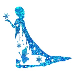 May include: A blue glitter silhouette of Elsa from Frozen, with a snowflake in her hand, and a smaller silhouette of Olaf behind her.