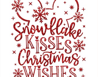 Puede incluir: Diseño de copo de nieve rojo con purpurina con el texto "Snowflake Kisses Christmas Wishes".