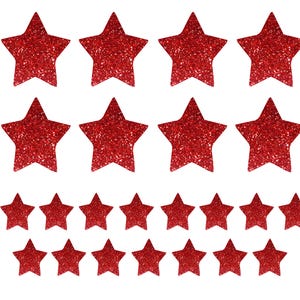 May include: A collection of twenty-three red star-shaped cutouts featuring a dense, sparkling glitter finish. The set includes eight larger stars arranged in two rows and fifteen smaller stars arranged in two rows below, all with a uniform red color.