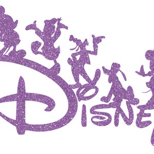May include: Purple glitter silhouette of Mickey Mouse, Donald Duck, Goofy, Pluto, and Minnie Mouse standing on top of the Disney logo.