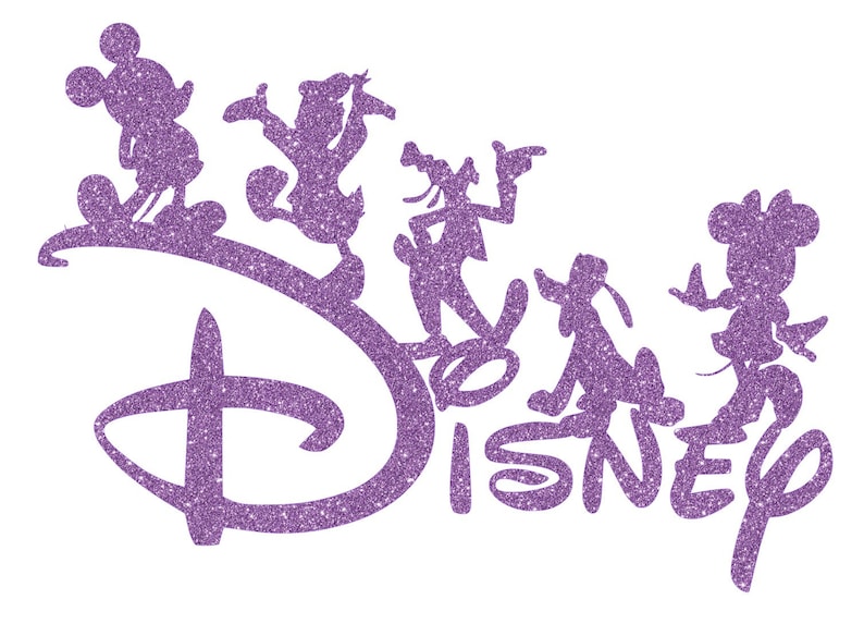 May include: Purple glitter silhouette of Mickey Mouse, Donald Duck, Goofy, Pluto, and Minnie Mouse standing on top of the Disney logo.