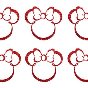 May include: Six red glitter Minnie Mouse head silhouettes with a bow on top.